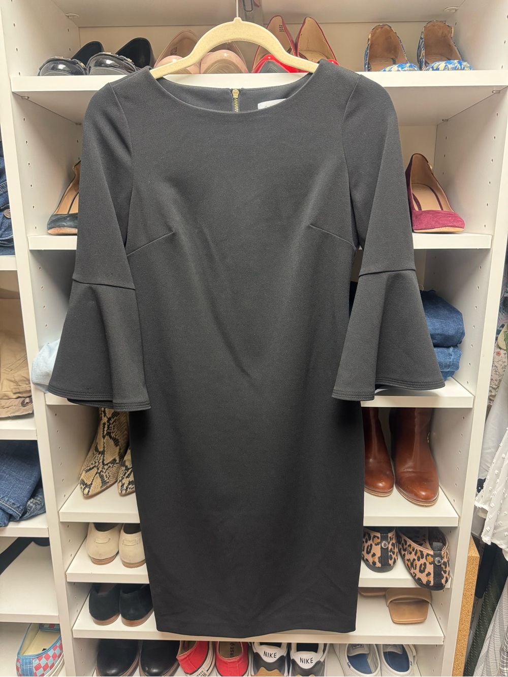 Calvin Klein Black Bell-Sleeve Midi Sheath Dress